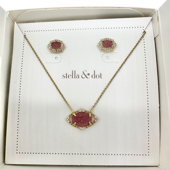 Stella & Dot Gold Necklace and Earrings Pink Druzy Stone Crystal Accents in Box - Picture 1 of 9